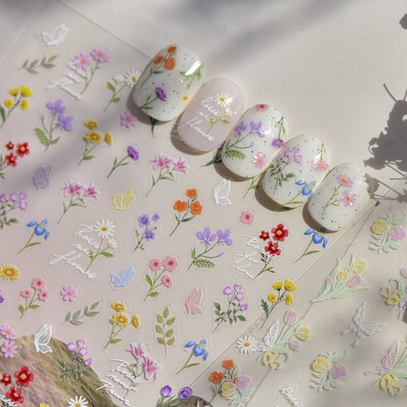 5D Flower Nail Stickers - Wild Self Adhesive Red Blue White Sunflower Decals
