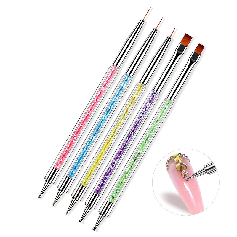2-in-1 Nail Art Brushes - 5pcs Dual-Ended Liner Crystal Handle DIY Manicure Tool