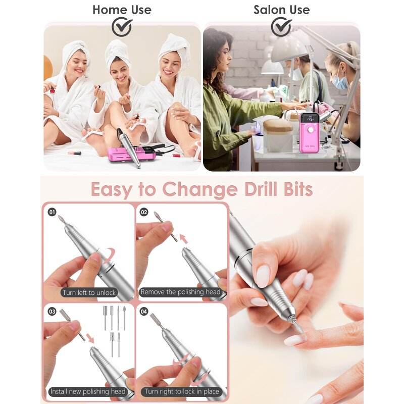 45000RPM Nail Drill - Electric Portable Rechargeable Sander Home Salon Use
