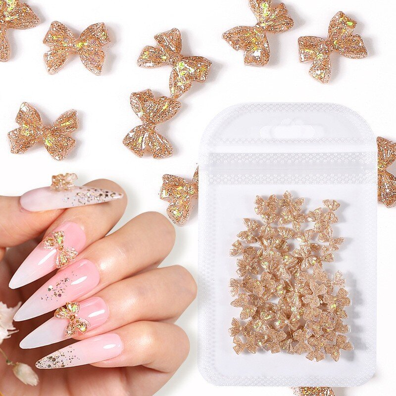 3D Nail Charms - 50pcs Gold Silver Luminous Bow Bling Manicure Decorations
