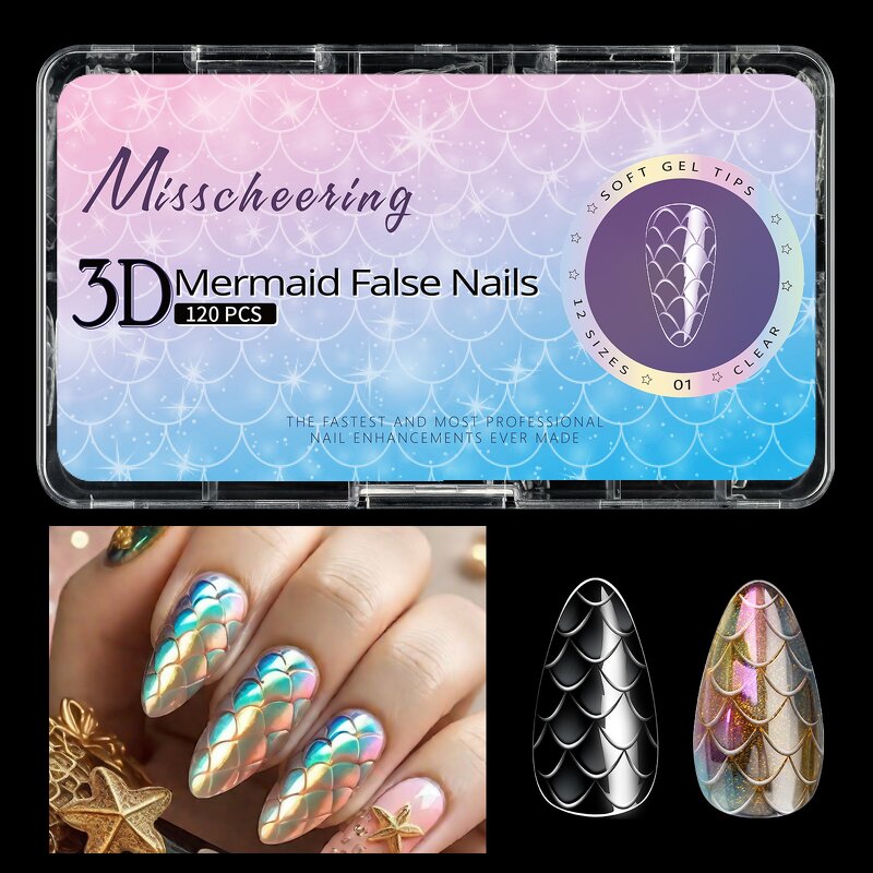 3D Mermaid Nail Tips - 140Pcs Soft Gel Full Cover Acrylic Extensions