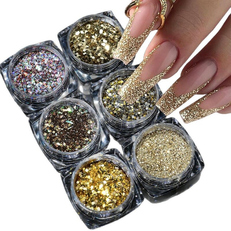 Nail Art Glitter Set - 6pcs Gold Silver Mirror Powder Chrome Manicure Decor