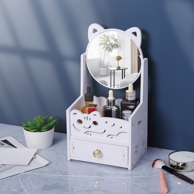 Makeup Mirror Storage Box - Desktop Wood Rectangle Dustproof Drawer Cartoon Princess Vanity