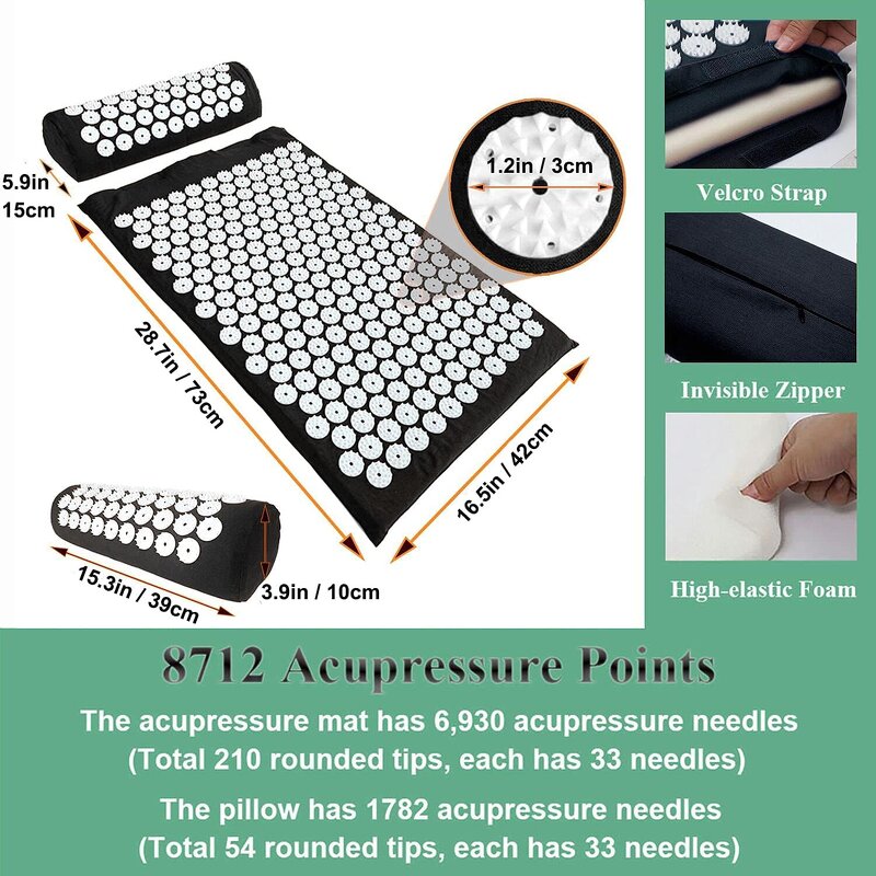 Acupressure Mat Pillow Set - 28.7x16.5 Inch Neck Back Pain Sciatica Relief Black