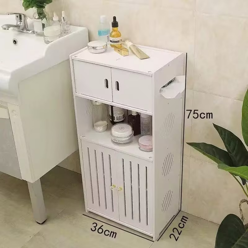 Bathroom Storage Cabinet - Double-tier Double-door Floor-standing Moisture-proof No-drilling