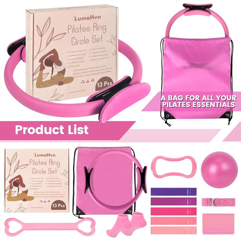 Pilates Ring Set - 13-Piece 12" Ball Magic Resistance Bands Home Workout Accessory