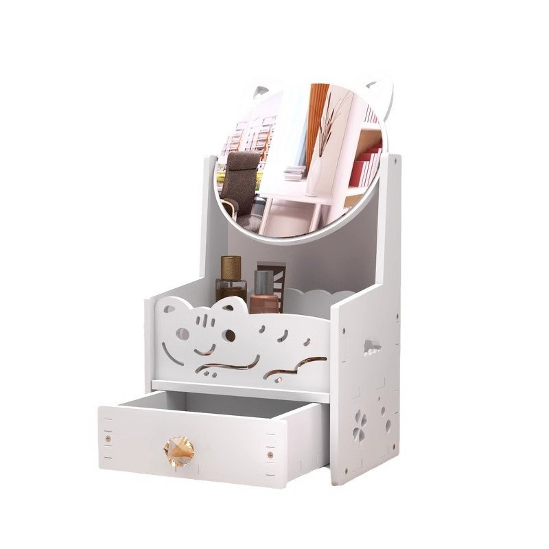 Makeup Mirror Storage Box - Desktop Wood Rectangle Dustproof Drawer Cartoon Princess Vanity