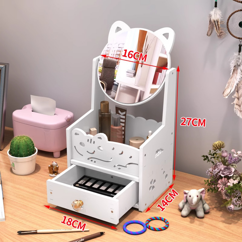 Makeup Mirror Storage Box - Desktop Wood Rectangle Dustproof Drawer Cartoon Princess Vanity