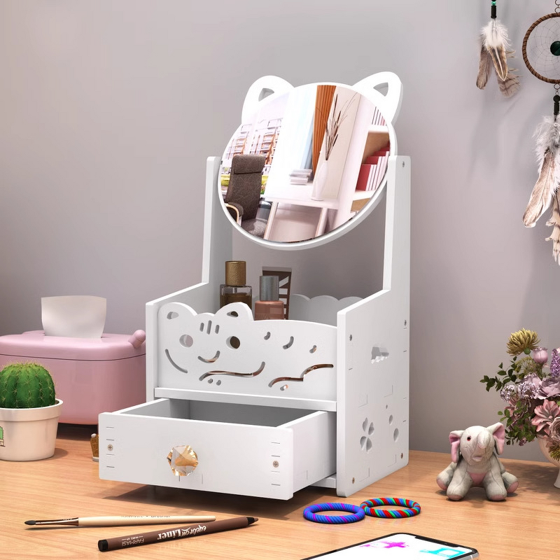 Makeup Mirror Storage Box - Desktop Wood Rectangle Dustproof Drawer Cartoon Princess Vanity