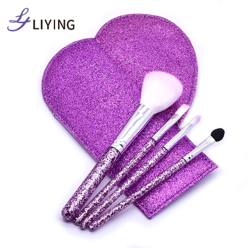 Glitter Makeup Brush Set - Lyder 4PCS Crystal Diamond Foundation Brush Heart Pouch