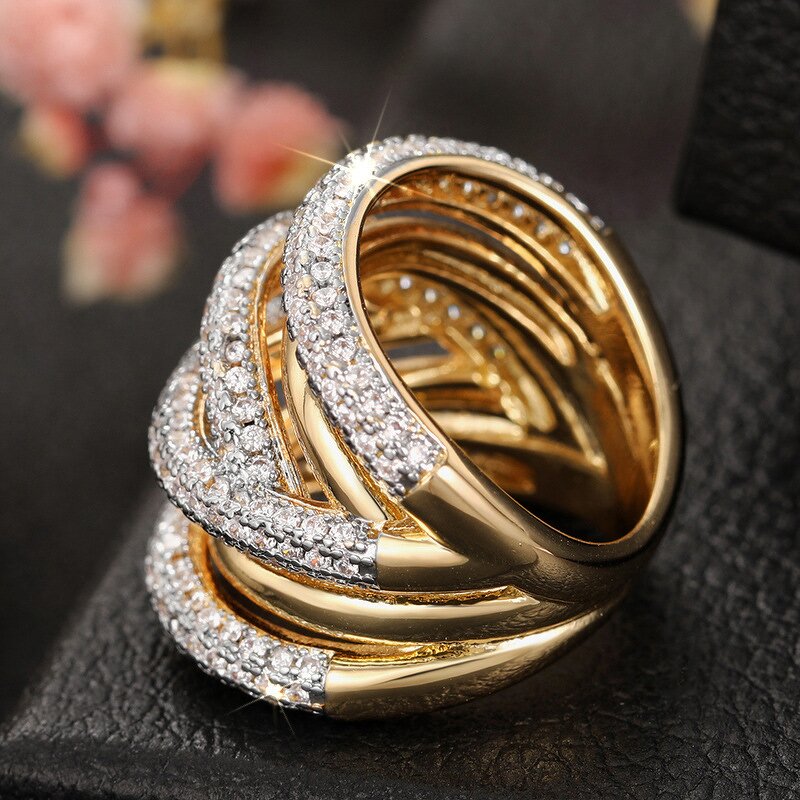 Rings Manufacturer - Vintage Line Cross Design Brass Bead Round Zircon Wide