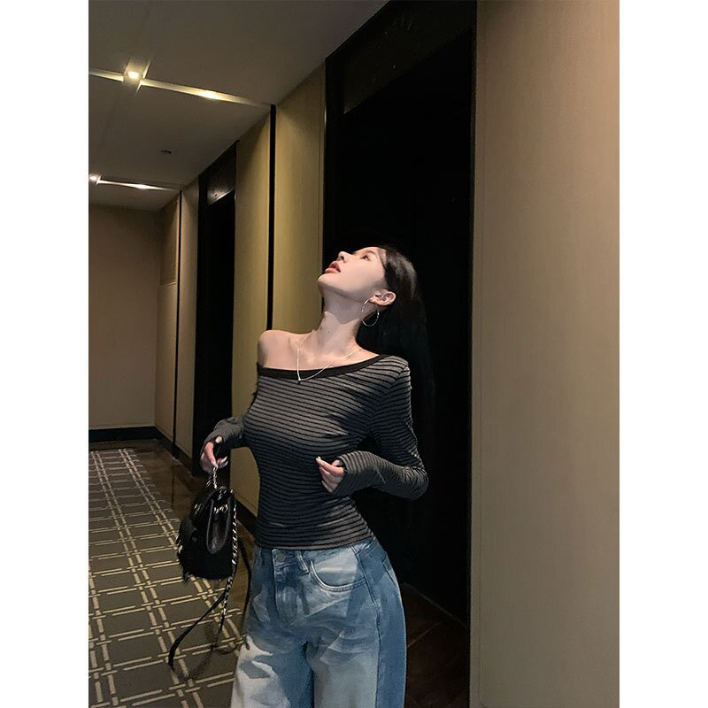 Long Sleeve T-Shirt Manufacturer - 2026 Vintage Striped One Shoulder Korean Casual