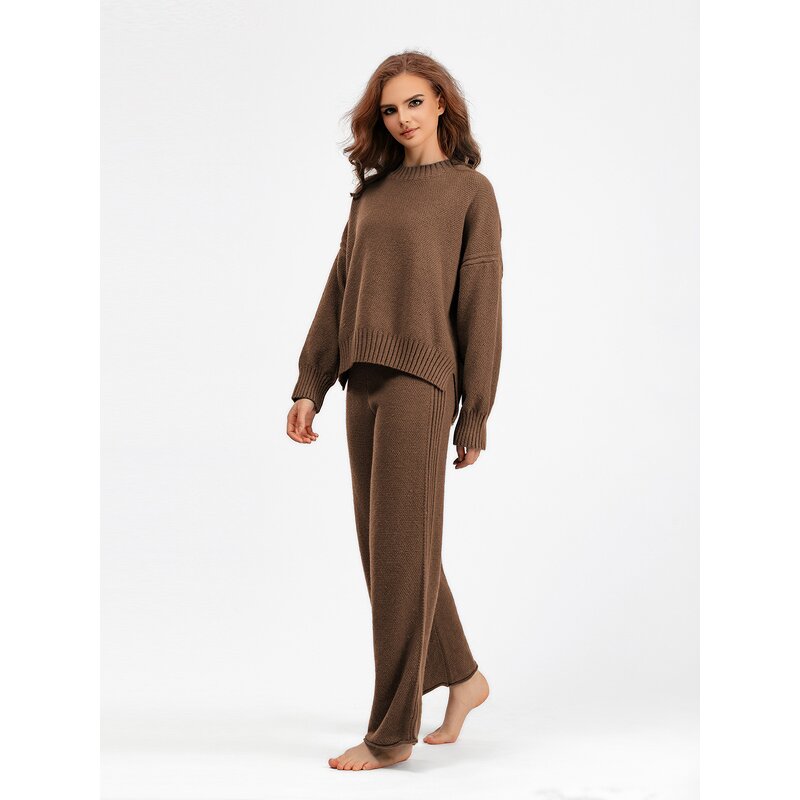 Women Two Piece Set Manufacturer - Liu Ming 2025 Autumn O Neck Sweater Pullover + Wide Leg Pants