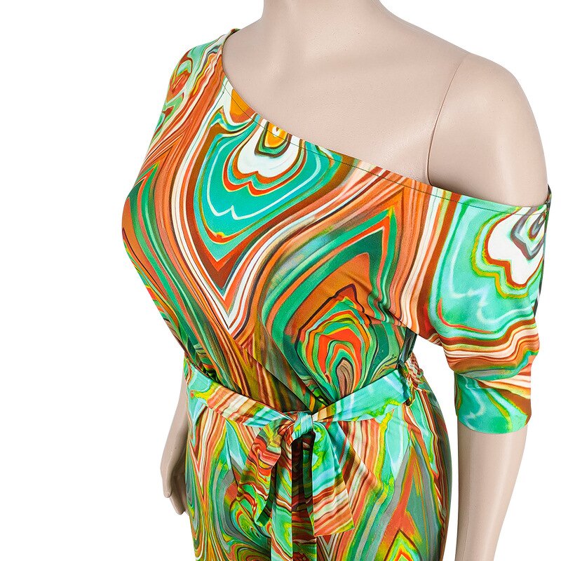 Plus Size Jumpsuit Manufacturer - Women Fashion Sexy Slash Neck Printing Wide Leg Romper