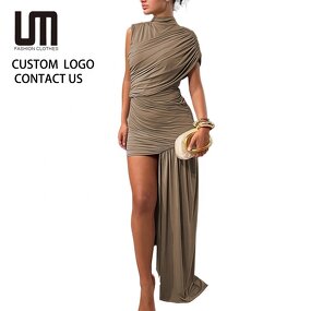 Mini Dress Manufacturer - 2026 Irregular Draped Ruched Turtleneck Sleeveless Club
