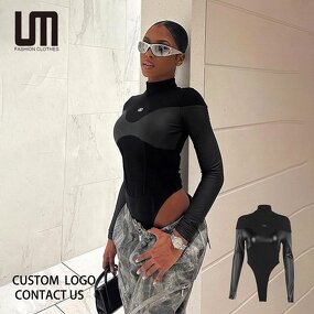 Bodysuit Jumpsuit Manufacturer - Liu Ming Custom Logo 2024 Women Black Turtleneck Faux Leather