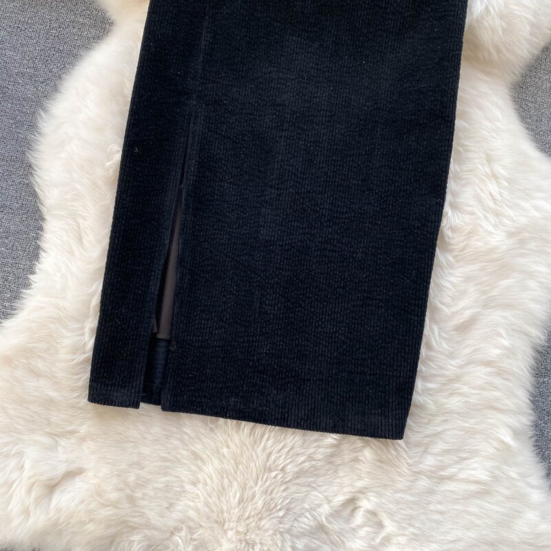 Corduroy Skirts Manufacturer - Liu Ming 2024 Vintage Women High Waist Belted A Line Long