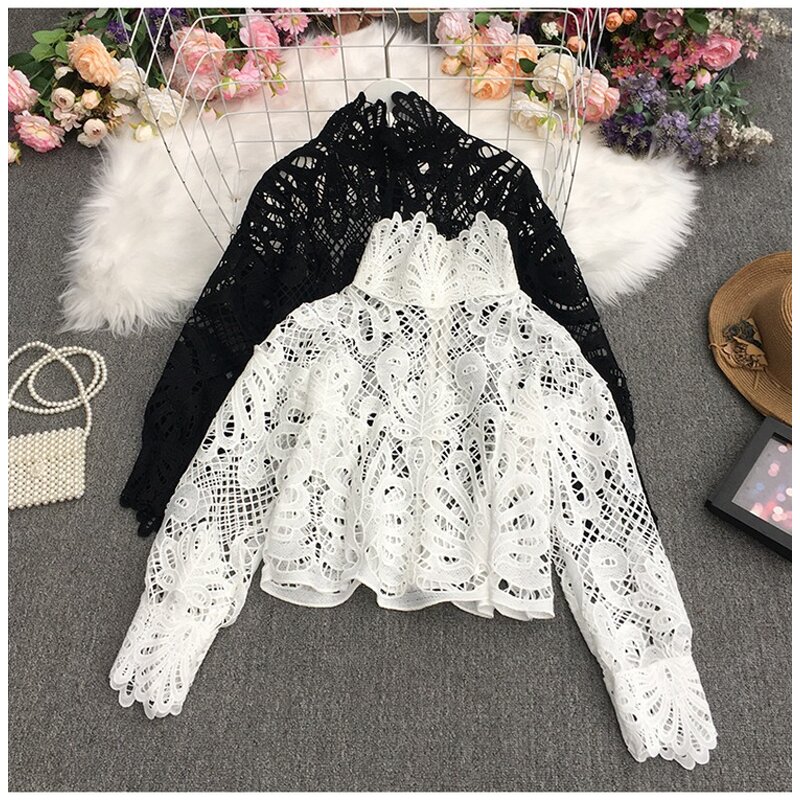 Lace Blouse Manufacturer - Liu Ming Women Elegant French Vintage Slim Lantern Sleeve Hollow