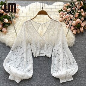 Lace Blouse Manufacturer - Liu Ming Women Summer Sexy V Neck Puff Long Sleeve See Through