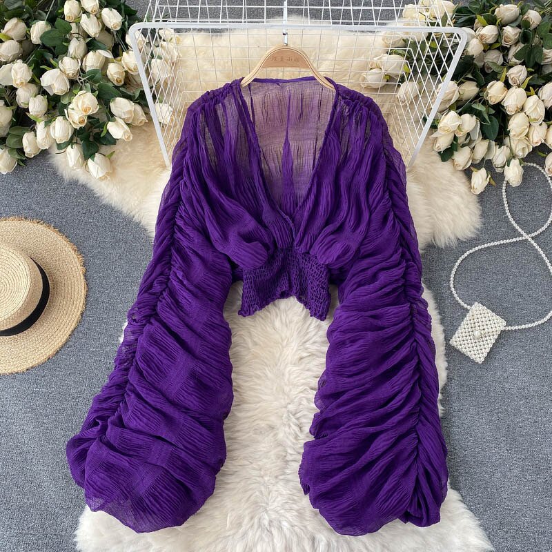 Chiffon Blouse Manufacturer - Liu Ming 2024 Women Sexy V Neck Puff Long Sleeve Slim Draped