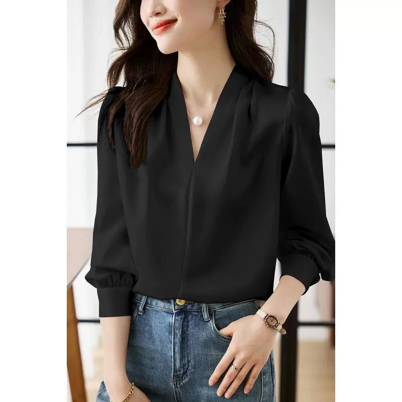 V-Neck Blouse Manufacturer - Women Solid Button Front Design Mature Spring Autumn Summer