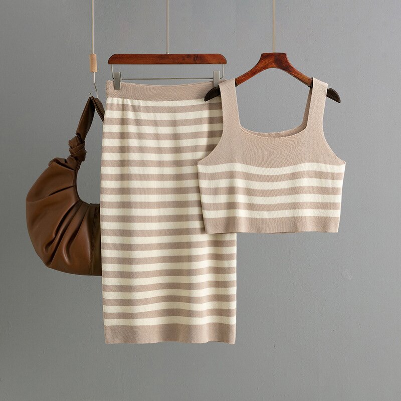 Women Two Piece Set Manufacturer - Clearance Summer Contrast Striped Vest & Skirt Sling