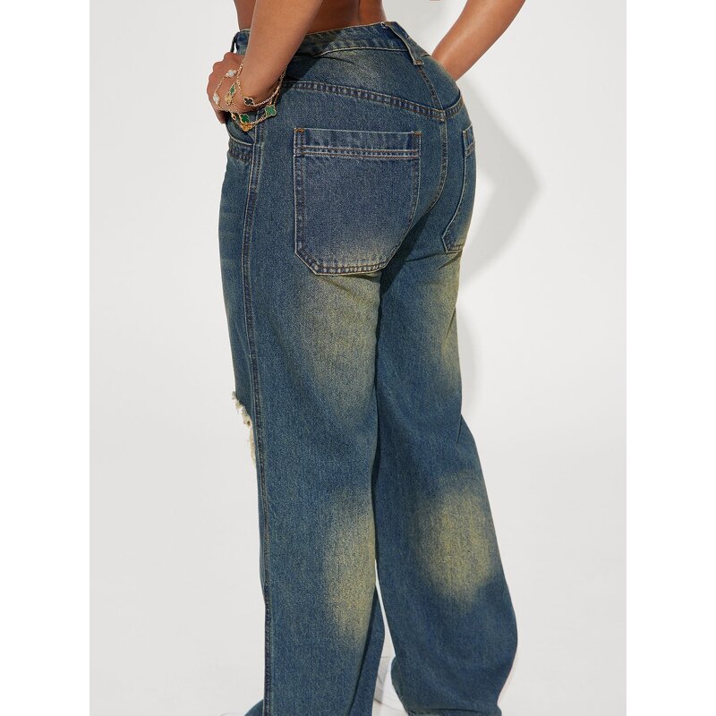 Denim Pants Manufacturer - 2026 Women Vintage Y2K Loose Wide Leg Mid Waist Hole Straight