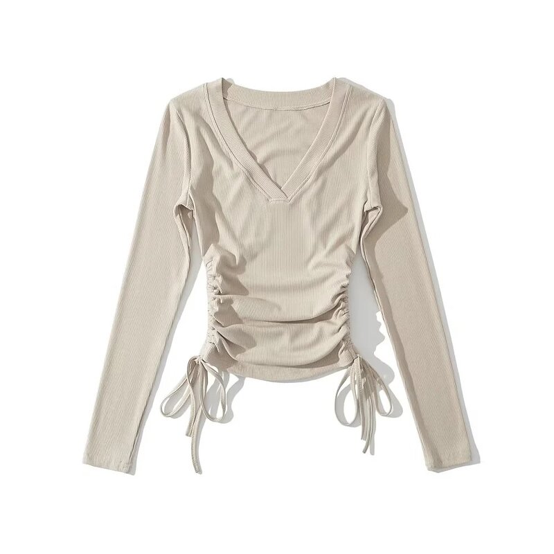Basic T Shirt Tops Manufacturer - Liu Ming Women Casual O Neck Long Sleeve Side Lace up