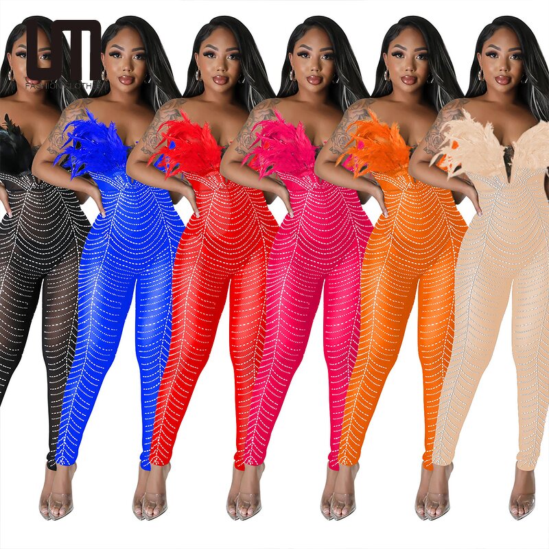 Party Rompers Jumpsuit Manufacturer - Liu Ming 2024 Women Strapless Mesh Feather Crystals