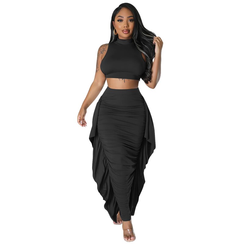 Women Two Piece Set Manufacturer - Liu Ming 2024 Custom Crop Tops + High Waist Fringe Skirt