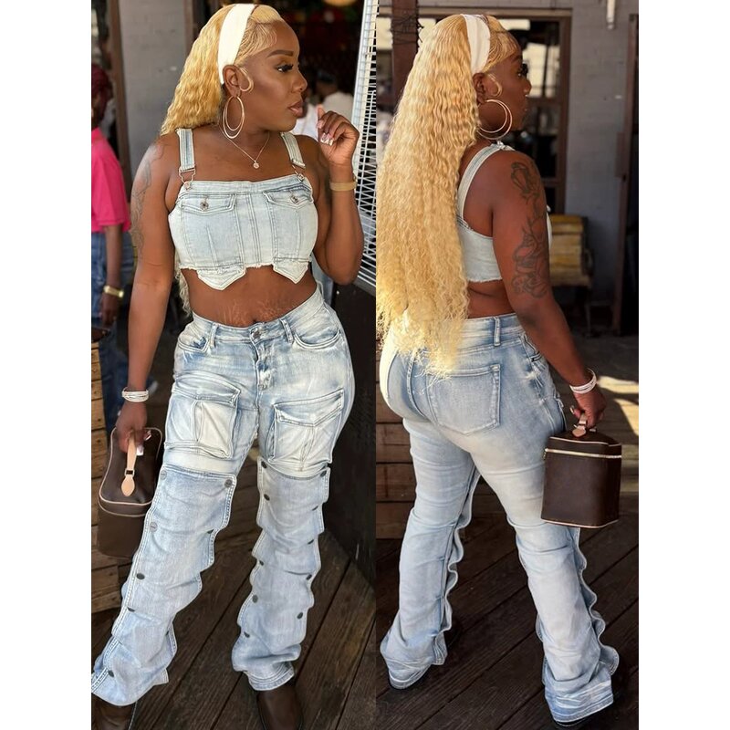 Cargo Jeans Manufacturer - Custom Logo Women High Waist Distressed Multiple Pockets Streetwear