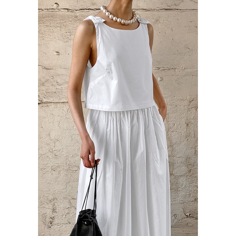 Women Two Piece Set Manufacturer - OEM White Sleeveless Vest Top + High Waist A-Line Skirt