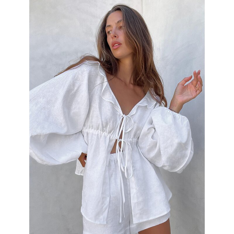 Women Two Piece Set Manufacturer - Liu Ming Summer Loose Cotton Linen Shirt + Elastic Shorts