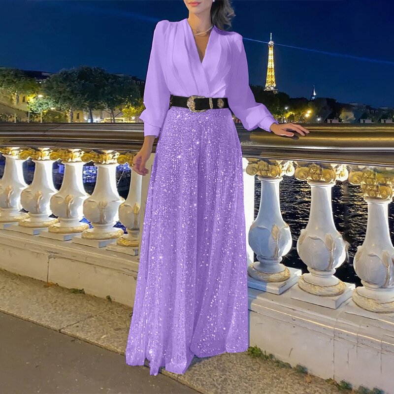 Evening Jumpsuit Manufacturer - Liu Ming Women Elegant Sequin Wide Leg Long Sleeve V Neck