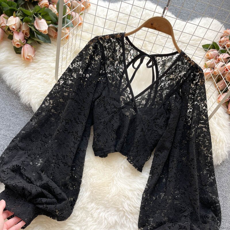 Lace Blouse Manufacturer - Liu Ming Women Summer Sexy V Neck Puff Long Sleeve See Through