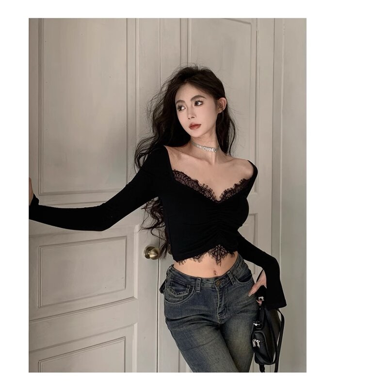 Lace T-Shirt Manufacturer - 2026 Korean Deep V-Neck Y2K Cropped Pleated Flared Sleeve