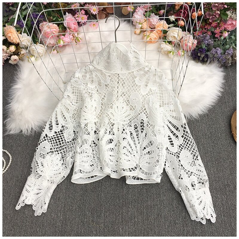 Lace Blouse Manufacturer - Liu Ming Women Elegant French Vintage Slim Lantern Sleeve Hollow