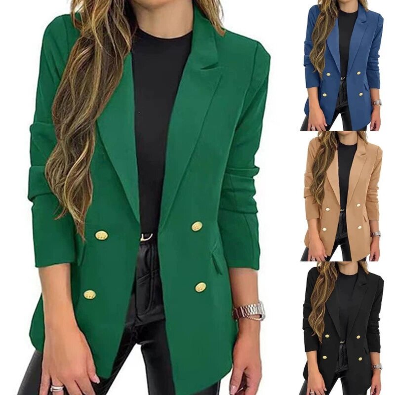 Women Casual Blazer Manufacturer - 2026 Solid-Color V-Neck Lapel Double Breasted Long-Sleeved