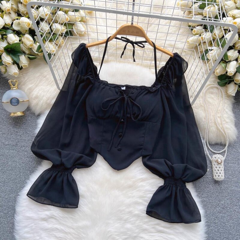 Chiffon Blouse Manufacturer - Liu Ming Women Summer Sexy Flare Sleeve Ruffle Halter Backless