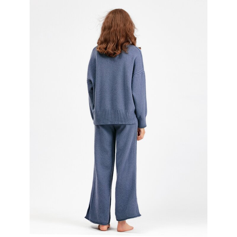 Women Two Piece Set Manufacturer - Liu Ming 2025 Autumn O Neck Sweater Pullover + Wide Leg Pants