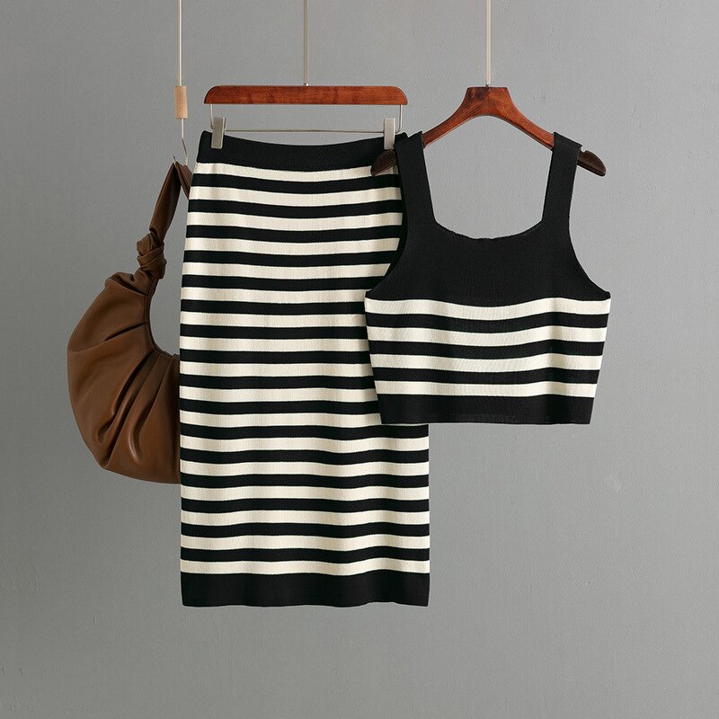 Women Two Piece Set Manufacturer - Clearance Summer Contrast Striped Vest & Skirt Sling