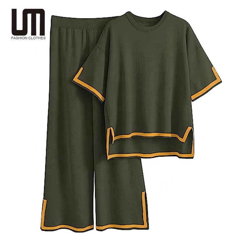 Women Two Piece Set Manufacturer - Liu Ming 2024 Summer O Neck Knitted Top + Wide Leg Pants
