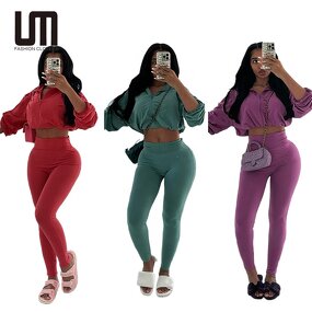 Women Two Piece Set Manufacturer - Liu Ming Cheap Autumn Streetwear Crop Tops + Skinny Pants