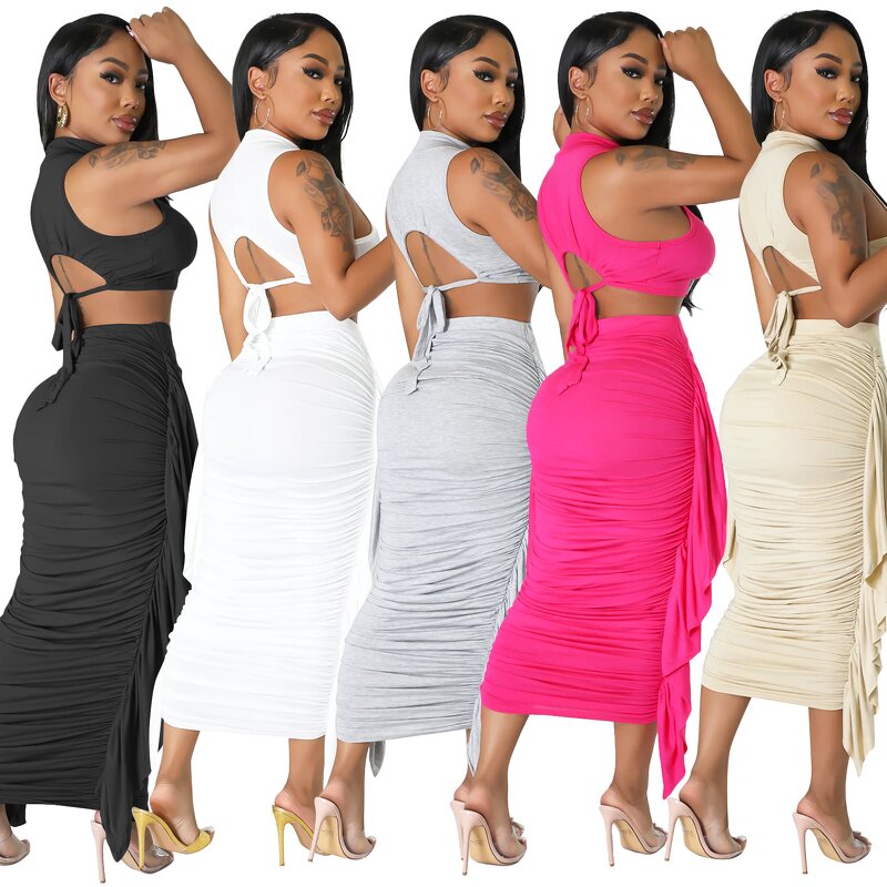 Women Two Piece Set Manufacturer - Liu Ming 2024 Custom Crop Tops + High Waist Fringe Skirt