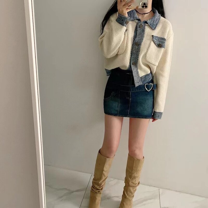 Knitted Cardigan Manufacturer - Liu Ming 2025 Women Autumn Patchwork Color Short Sweater
