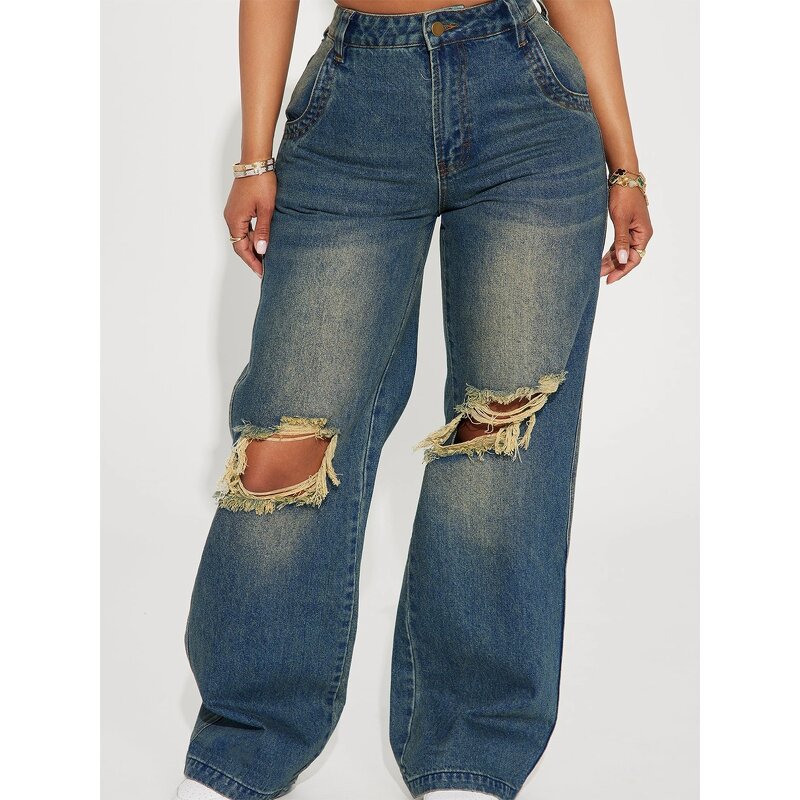 Denim Pants Manufacturer - 2026 Women Vintage Y2K Loose Wide Leg Mid Waist Hole Straight