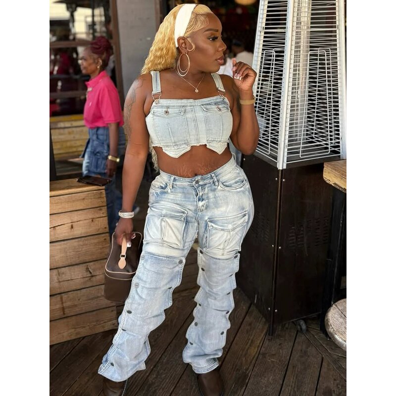 Cargo Jeans Manufacturer - Custom Logo Women High Waist Distressed Multiple Pockets Streetwear