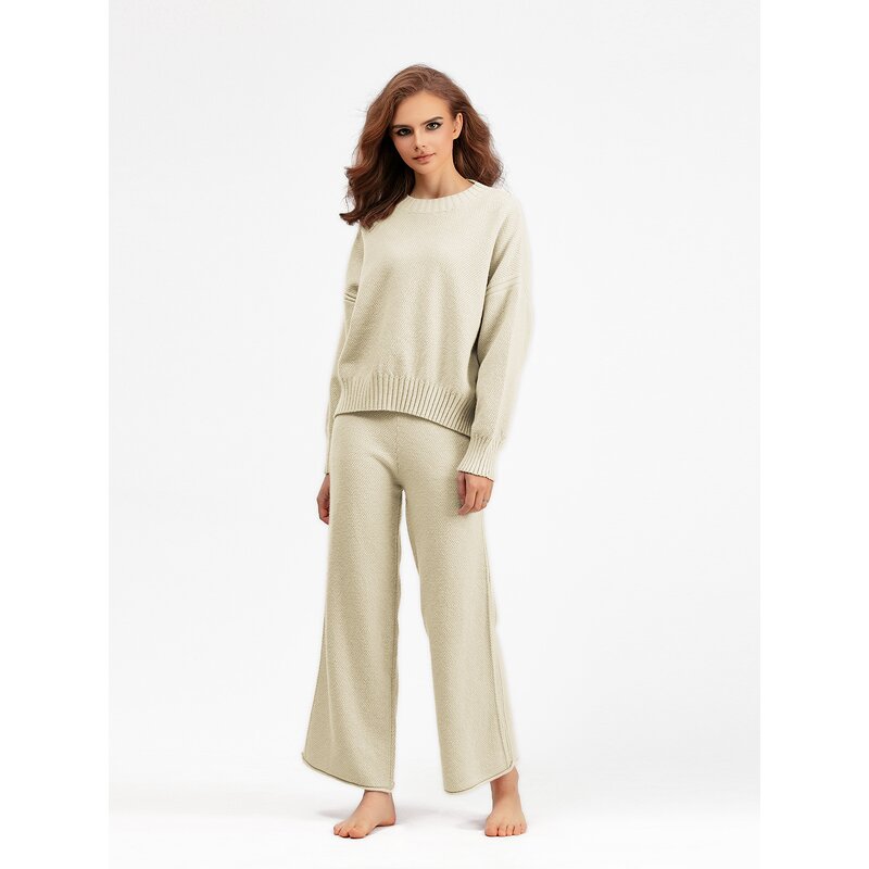 Women Two Piece Set Manufacturer - Liu Ming 2025 Autumn O Neck Sweater Pullover + Wide Leg Pants