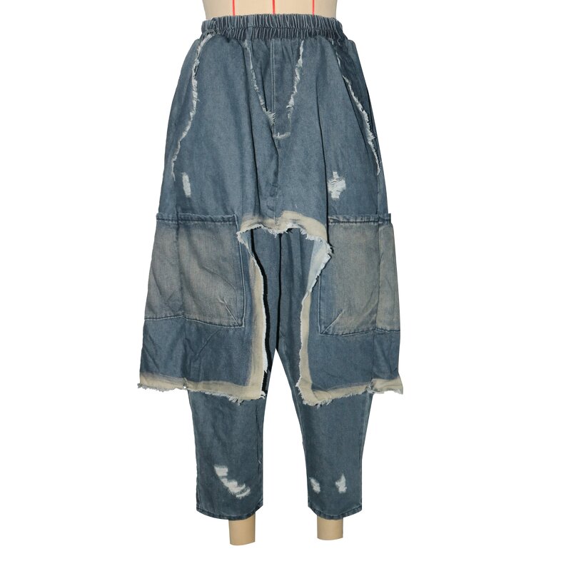 Denim Pant Manufacturer - Custom Logo Women Harem Ripped Hip Hop Punk Elastic Waist Washed