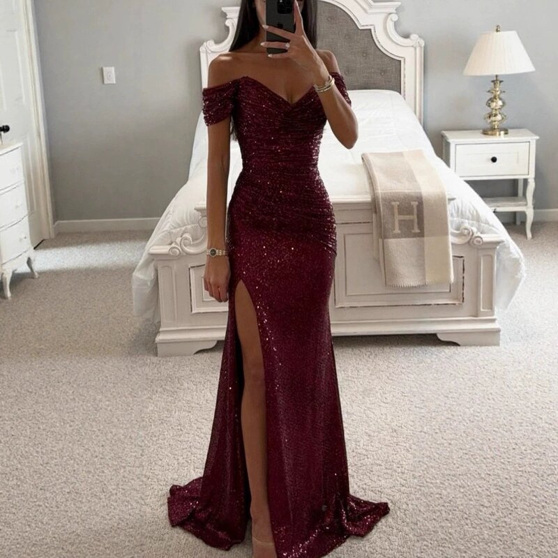 Evening Dress Manufacturer - 2026 Off-Shoulder Sequin Pleated Waist Tight Split